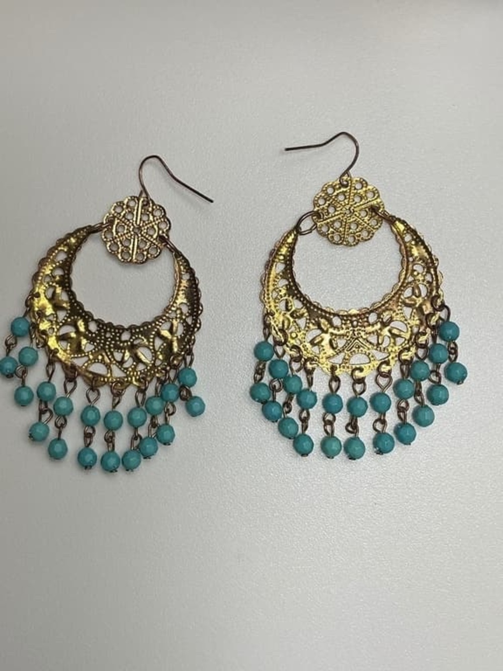 Boho Filigree Gold and Turquoise Dangle Earrings